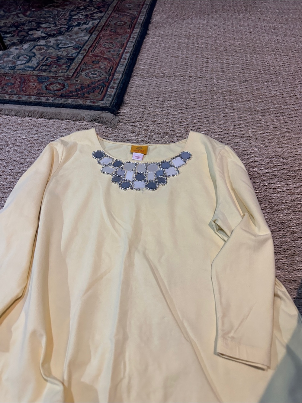 Ruby Rd. Pale Yellow Long Sleeve Top with Beaded Neckline Detail